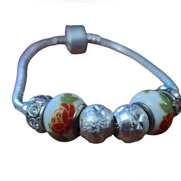 Vintage Silver Tone Slide Charm Bracelet Hand Painted Floral & Sparkle Beads  7" - Picture 5 of 6